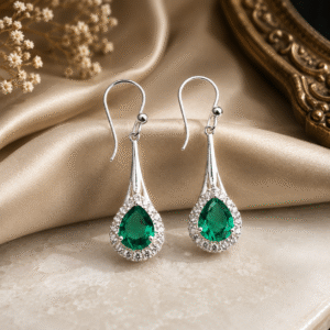 Sevara Emerald Colour Stone Halo Drop Earrings For Women | Jewellery Gift Ideas For Her