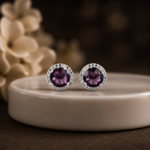Sevara Siberian Purple Stone Classic Round Halo Stud Earrings For Women | Earrings Jewellery for Girls