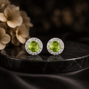 Sevara Olive Green Stone Classic Round Halo Stud Earrings For Women | Dailywear Jewellery for Girls