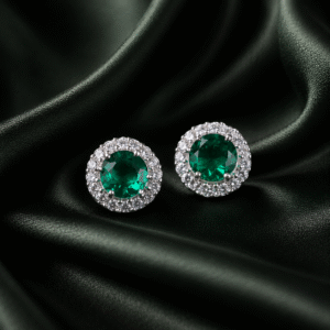 Sevara Emerald Green Colour Stone Classic Halo Stud Earrings For Women | Jewellery Gift for Her