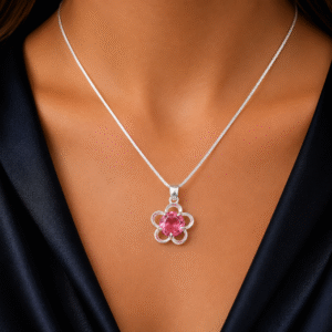 Sevara Rose Pink Stone Flower Pendant Necklace for Women | Jewellery Gift for Girls