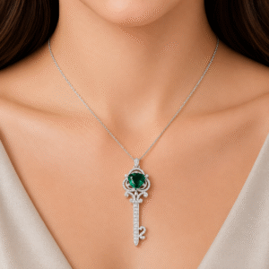 Sevara Emerald Colour Stone Royal Key Pendant for Women | Jewellery Gift for Her