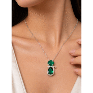 Sevara Emerald Colour Stone Cat Pendant Necklace for Women | Jewellery Gift Ideas for Her