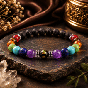 Sevara 7 Chakra Lava Stone Bracelet with Om Bead for Men & Women | Natural Stone Everyday Wear Bracelet