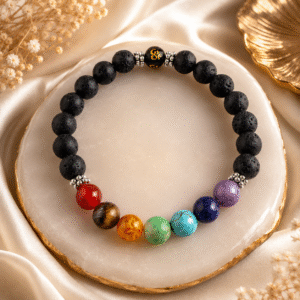 Sevara 7 Chakra Lava Stone Bracelet with Natural Gemstones & Om Bead for Men & Women, Jewellery Gifts